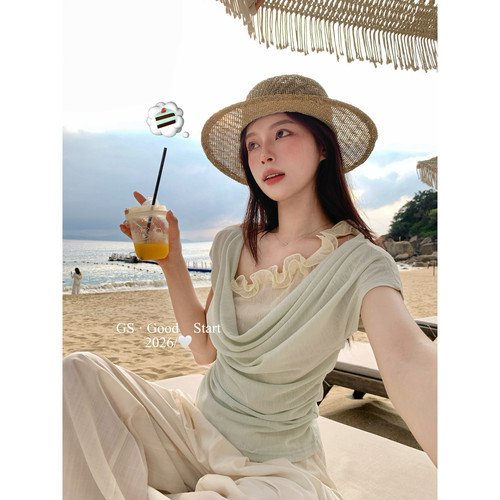 GS.GOOD START十三行夏季气质浪漫木耳边撞色假两件上衣女N0906W