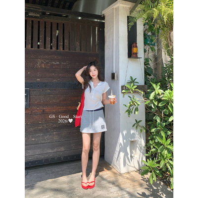 GS.GOOD START-十三行夏季百搭显瘦不规则V领针织短袖上衣女D1125