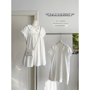 LADY MARIA十三行娃娃领宽松白色印花小个子显瘦短款连衣裙女4864