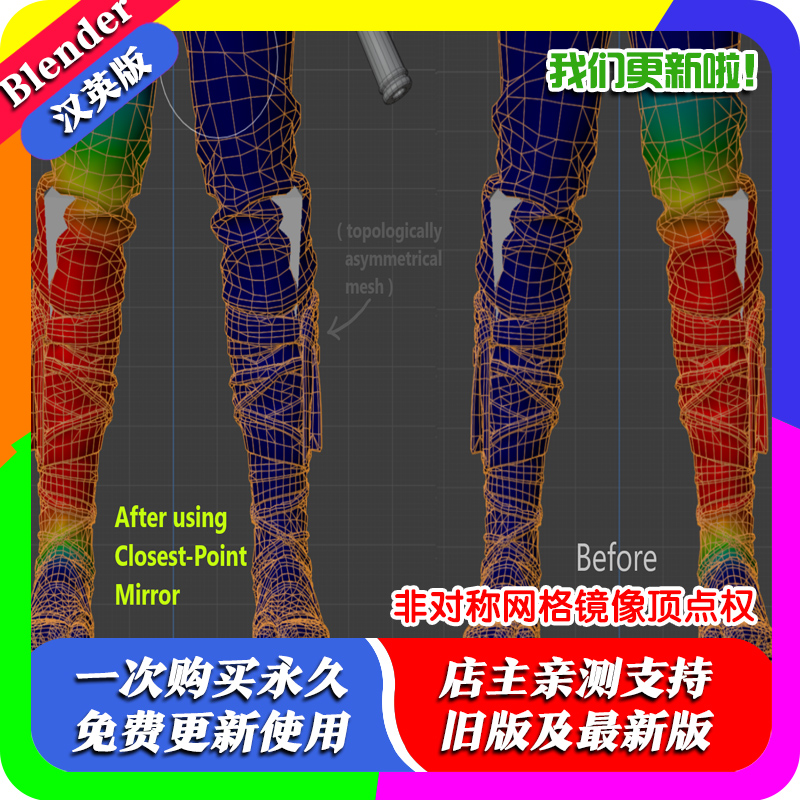 Blender插件 Closest Point Weight Mirror非对称网格镜像顶点权