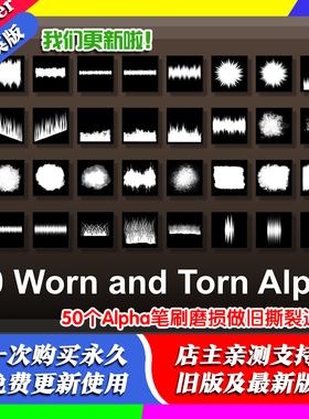 blender插件50+Alpha笔刷磨损做旧边缘撕裂损伤损坏法线贴图材质