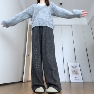 胖mm韩系慵懒松弛感裤 灰色亮片糯米裤 大码 软糯针织阔腿裤 子 女春季