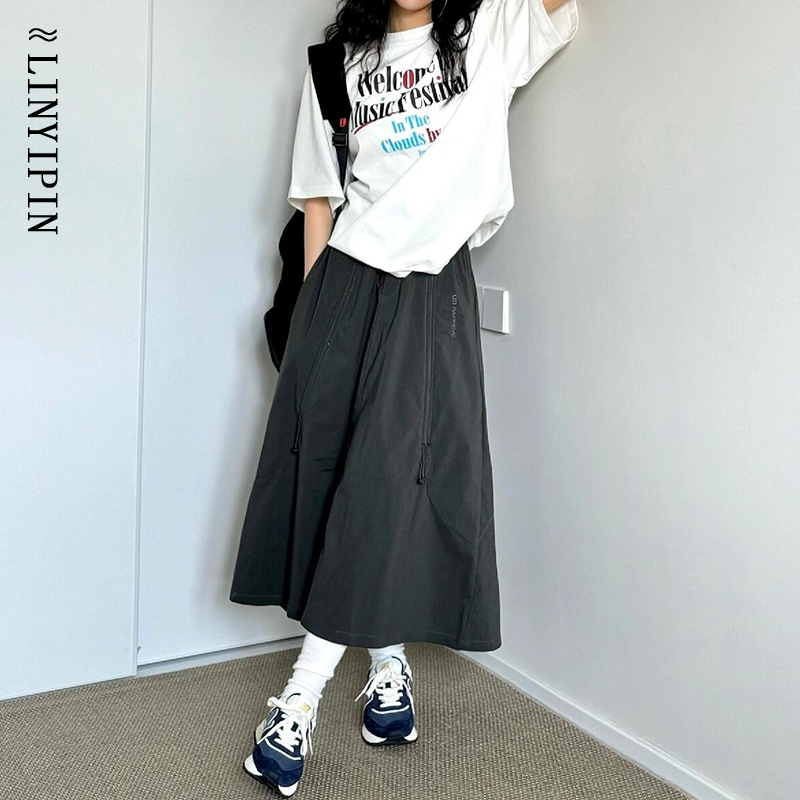 灰色休闲工装裙女a字中长款大码胖mm显瘦速干酷飒风美式半身裙潮