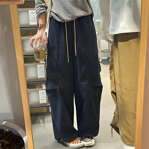 藏蓝色速干微胖遮胯工装裤子