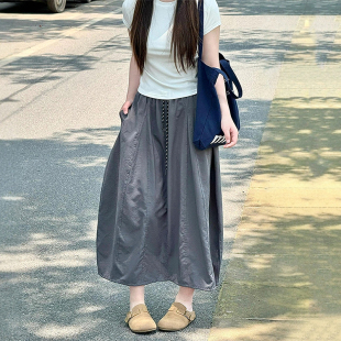 半身裙子大码 中长款 胖mm速干灯笼拼接花苞裙 南瓜裙女夏季 灰色工装