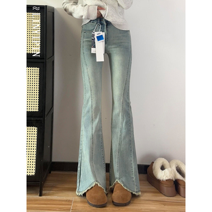 女装 喇叭裤 秋季 胖mm不贴腿拖地修身 大码 浅蓝色开叉毛边微喇牛仔裤