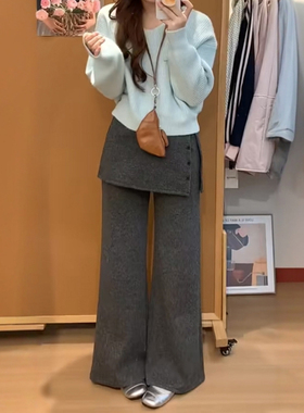 灰色加绒可拆卸屁帘裤子假两件女2026新款冬大码慵懒设计感休闲裤