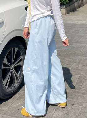 蓝色爱心刺绣速干工装裤子夏季大码女装阔腿运动裤今年流行梧桐裤
