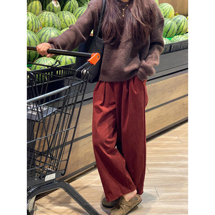 复古安克拉红色灯芯绒直筒气球裤子女秋季胖mm大码显瘦灯笼九分裤