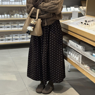 美拉德咖色加绒灯芯绒波点半身长裙女冬季 a字梨形伯克利裙子 大码