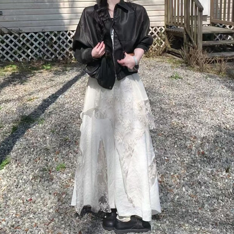 白色不规则蕾丝拼接网纱半身裙春季大码女装长款梨型身材伯克利裙