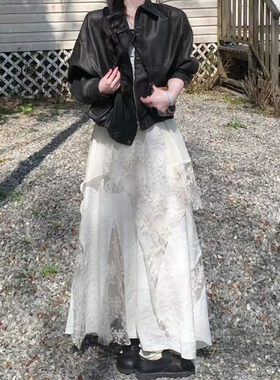 白色不规则蕾丝拼接网纱半身裙春季大码女装长款梨型身材伯克利裙