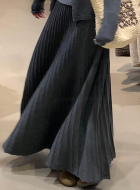 灰色针织毛呢半身裙女大码胖mm显瘦高腰a字百褶裙梨形伯克利裙子