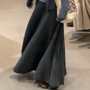 灰色针织毛呢半身裙女大码胖mm显瘦高腰a字百褶裙梨形伯克利裙子