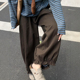 咖色九分木耳边阔腿灯笼裤 胖mm梨形身材显瘦休闲花苞裤 女春装 大码