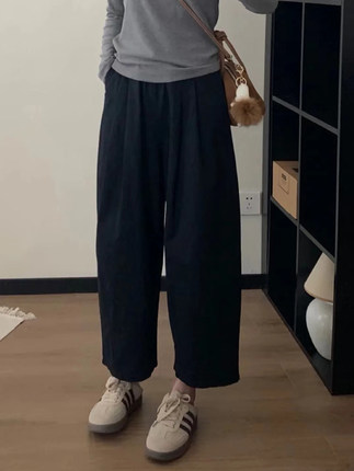 日系黑色奶奶裤女夏季大码胖mm休闲萝卜灯笼裤显瘦九分阔腿气球裤
