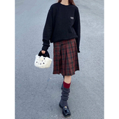 显瘦五分中裙美式 红色格子垂坠感百褶裙女春季 胖mm大码 a字半身裙