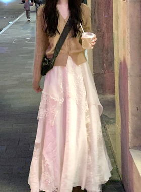 白色蕾丝大摆裙女设计感花边不规则半身裙a字大码胖mm长款纱裙子