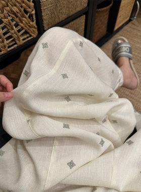 法式慵懒风印花阔腿白色裤子大码女装冰丝休闲山本裤夏日轻薄裤子