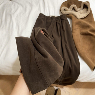 冬季 今年流行梧桐裤 美拉德棕色毛呢裤 加绒休闲阔腿卫裤 子女款 大码