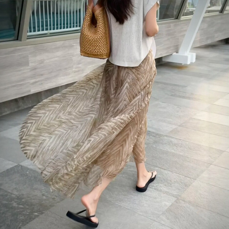 复古鱼骨纹雪纺半身裙女夏季欧根纱老钱风穿搭大码新中式长款伞裙