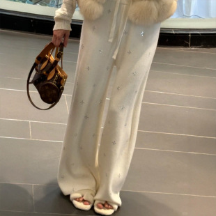 胖mm梨形身材软糯休闲糯米裤 大码 子女款 白色慵懒风重工烫钻阔腿裤