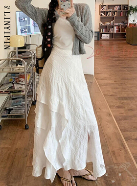 大码不规则白色半身裙女春季胖mm蕾丝拼接a字显瘦长款鱼尾蛋糕裙