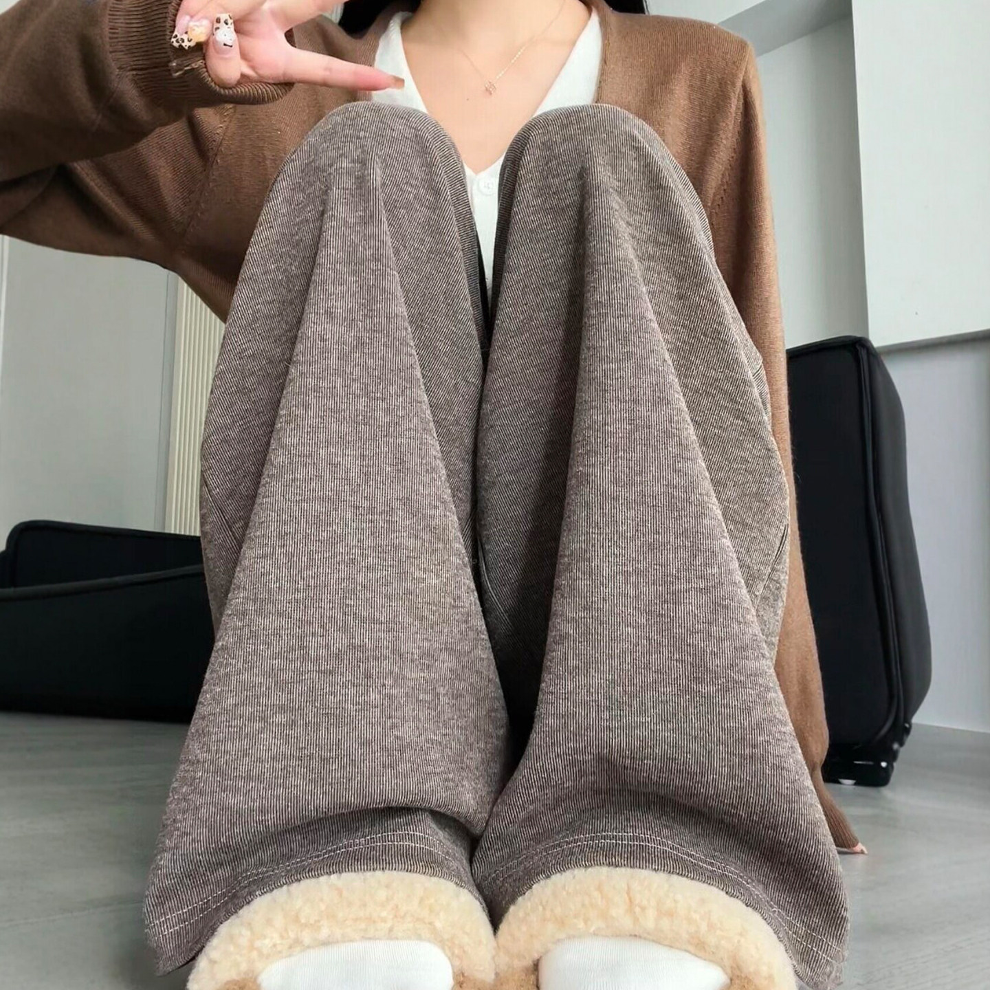 秋冬美拉德咖色糯米裤子女款针织休闲毛巾裤大码慵懒风软糯阔腿裤