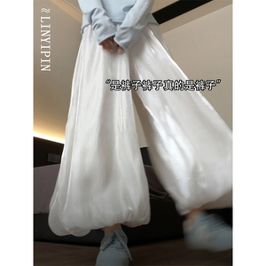 白色缎面流光沙花苞裙裤大码女装2025新款夏薄款遮胯阔腿灯笼裤裙