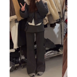 韩版大码假两件拼接屁帘微喇休闲裤女冬季梨型高腰显瘦拖地裙裤子