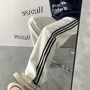 宽松bf慵懒风胖mm显瘦阔腿直筒卫裤 运动裤 大码 白灰色条纹休闲女款