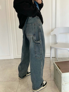 小众设计裤子女胖mm大码直筒牛仔裤阔腿梨型身材高腰蓝色工装裤潮