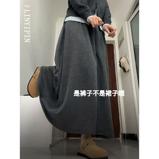 针织深灰色糯米裙裤 春季 大码 女款 裙 长款 到脚踝胖mm显瘦软糯休闲裤