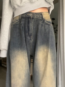 美式复古水泥色牛仔裤女秋款大码梨形身材穿搭显瘦设计感阔腿裤子