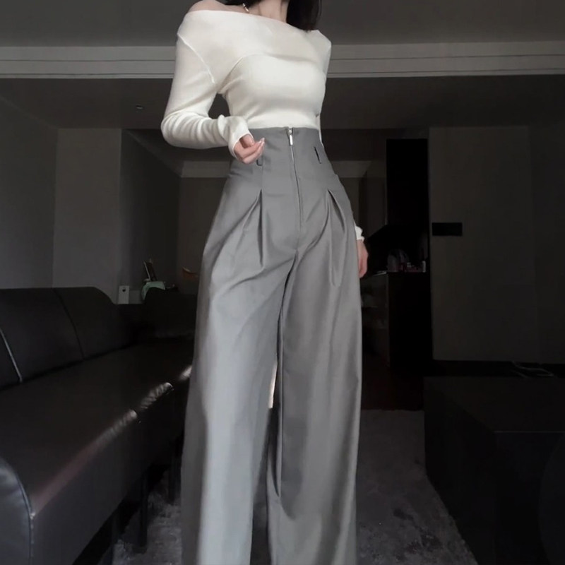 灰色老钱风高腰西装裤子女时尚洋气时髦轻奢高级感大码休闲阔腿裤,女装/女士精品,大码裤装,淘宝优惠券,粉丝福利购,淘宝优惠卷
