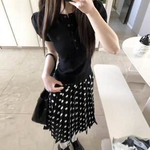 梨型身材伯克利裙 a字百褶中裙大码 韩系黑色波点半身长裙女装 春季