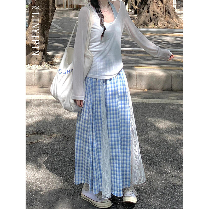 韩系不规则蕾丝蓝色格子半身裙女夏季大码胖mm遮肚a字大裙摆长裙