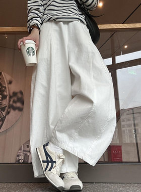 日系白色气球裤子女款小个子微胖大码穿搭工装弯刀休闲九分阔腿裤