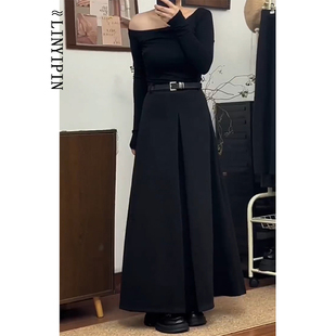 长款 复古西装 胖mm遮胯显瘦百褶裙大码 黑色半身裙女秋季 a字裙 新款