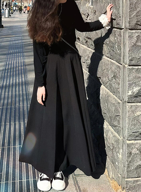 黑色西装半身裙女秋装高个子长裙到脚踝大码胖mm梨型伯克利百褶裙