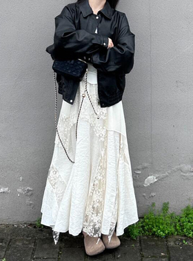 白色半身裙长款女秋季大码胖mm重工网纱刺绣拼接蕾丝不规则蛋糕裙