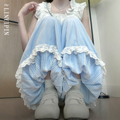 胖mm小个子独特漂亮灯笼裙裤 蓝色花苞裤 裙女格子蕾丝拼接a字大码