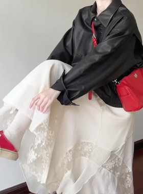 白色不规则蕾丝压褶拼接半身裙秋冬大码女装长款梨形伯克利蛋糕裙