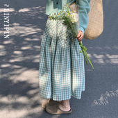 胖mm长款 绿色格子裙女2026新款 拼接a字半身裙遮胯大码 马卡龙裙子