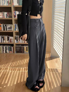 灰色西装裤女款2024新款春夏大码梨形身材显瘦高腰设计感阔腿裤子