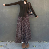不规则棕色格子半身裙女春季 大码 美拉德格纹长裙梨型身材伯克利裙