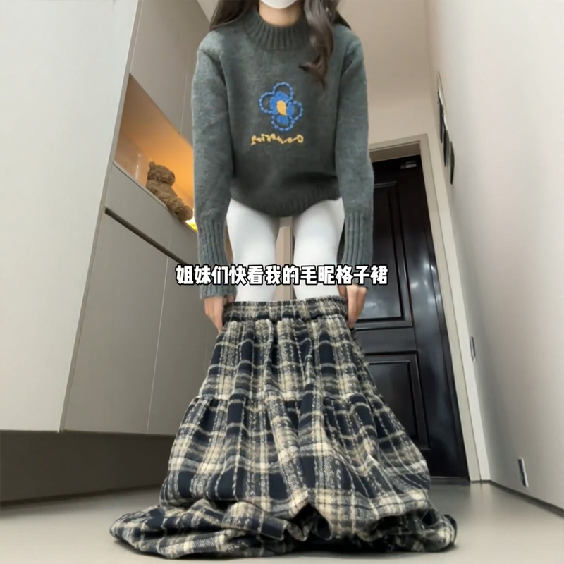 温柔显气质~超爱毛呢格子蛋糕裙