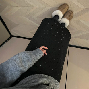 黑色烫钻半身裙女2026新款 胖mm遮肚显瘦高腰漂亮独特细闪长裙 大码