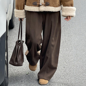 美拉德棕色毛呢阔腿裤 子女款 咖色休闲运动卫裤 大码 今年流行梧桐裤