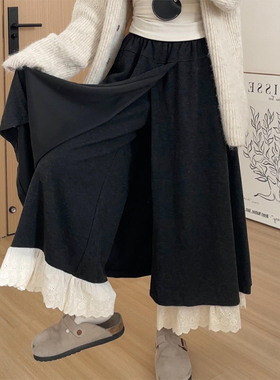 灰色糯米蕾丝花边拼接阔腿裙裤女冬季胖mm大码显瘦设计感a字裤裙